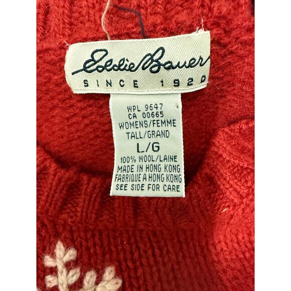 VTG Eddie Bauer Womens L 100% Wool Christmas Sweater Red Snowflake Thick Cozy - Picture 4 of 5